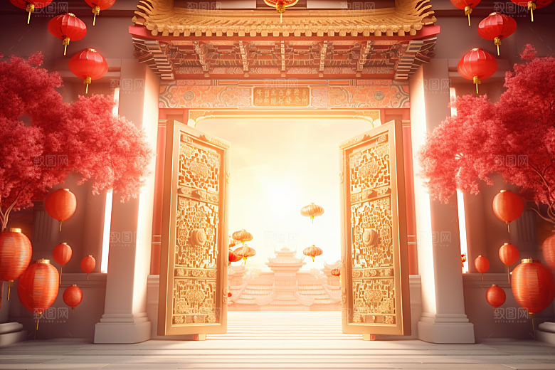 中式传统门楼开门红开业大吉背景图