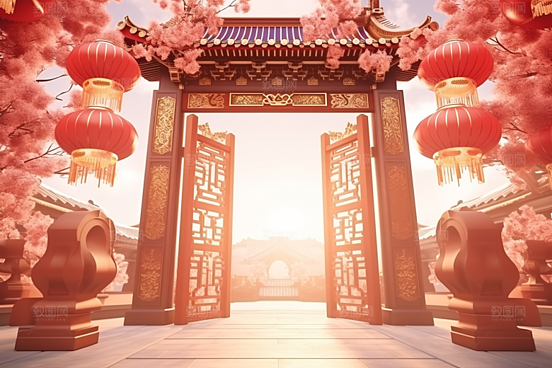 中式传统门楼直播开门红背景图