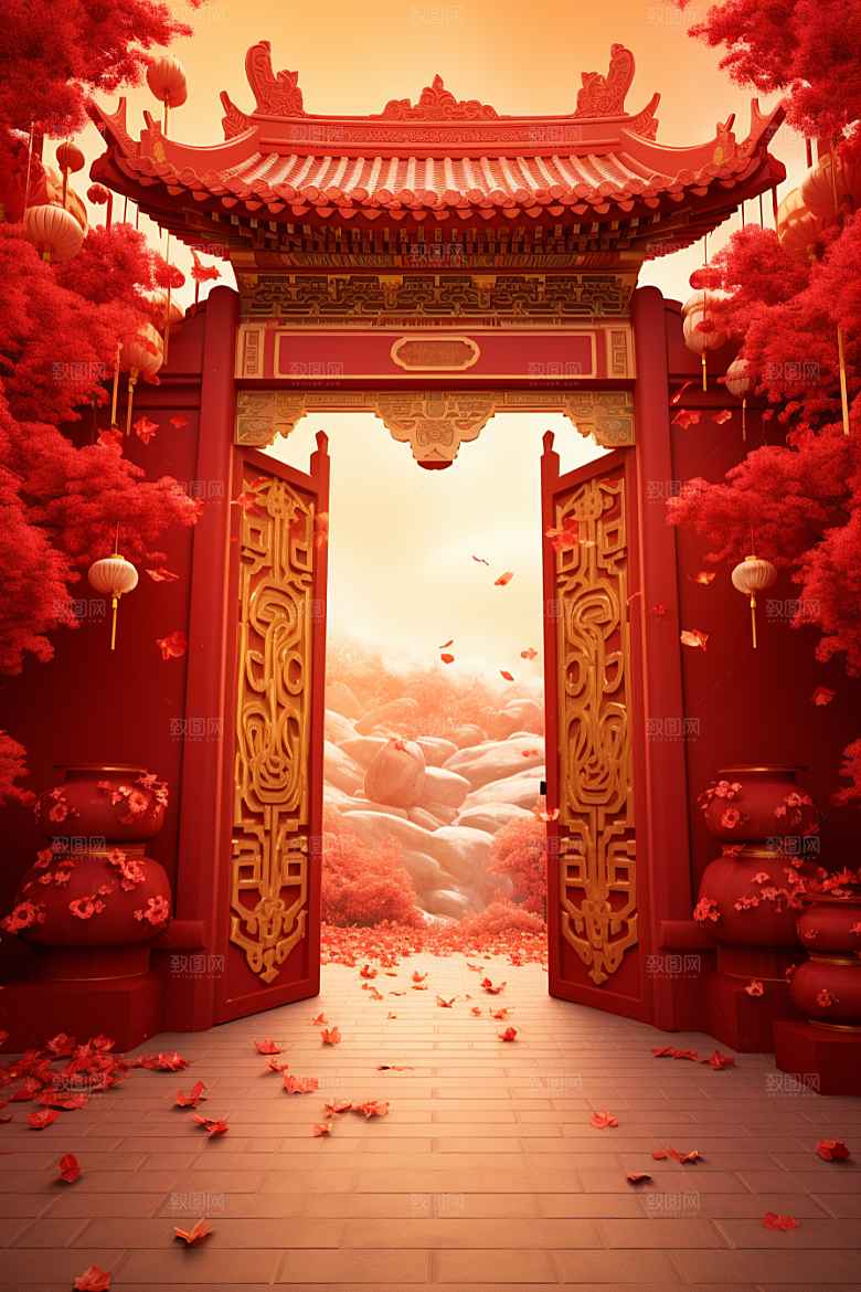 中式传统门楼开业促销背景图
