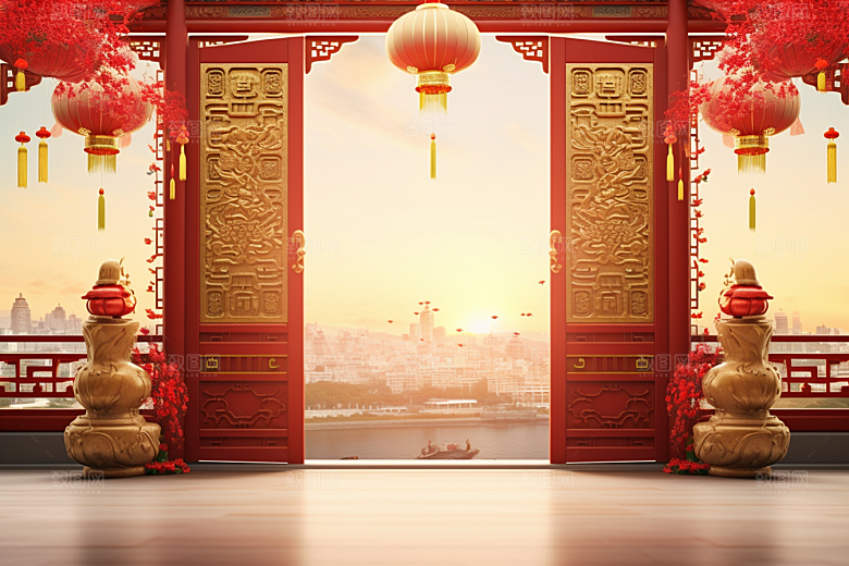 中式传统门楼开门红喜庆背景图