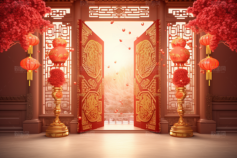 中式传统门楼直播开门红背景图