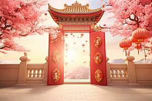 中式传统门楼火热促销背景图
