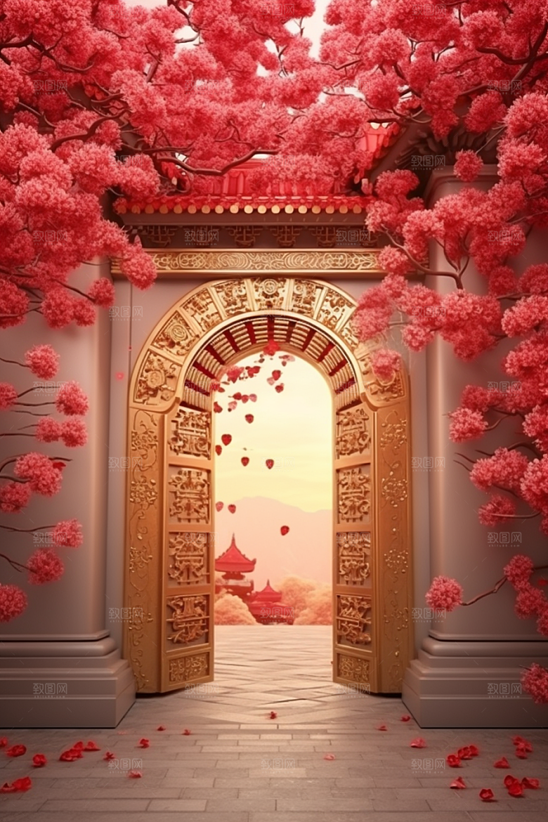 中式传统门楼直播火热背景图