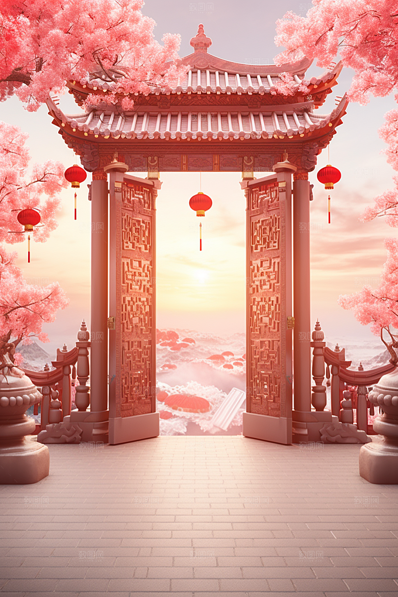 中式传统门楼火热直播背景图