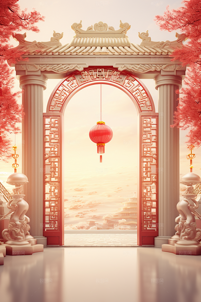中式传统门楼开门红直播背景图