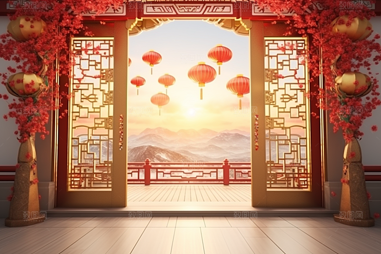 中式传统门楼热卖开业背景图