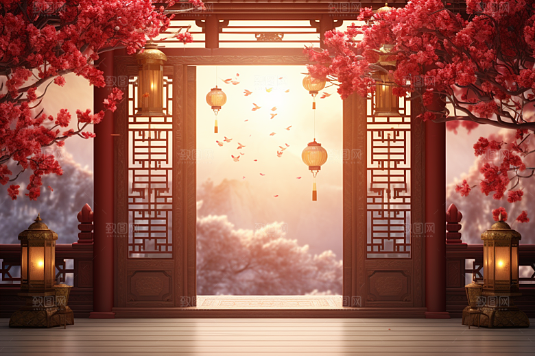 中式传统门楼喜庆开业背景图