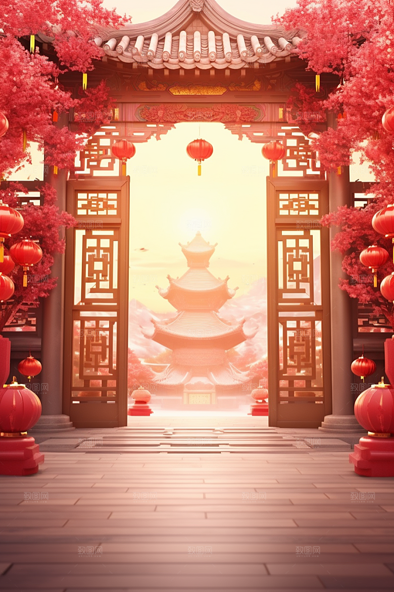 中式传统门楼促销直播背景图