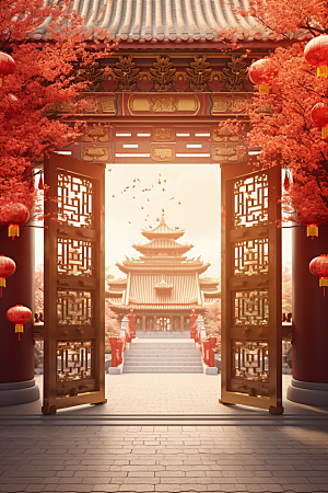 中式传统门楼国潮开门红背景图
