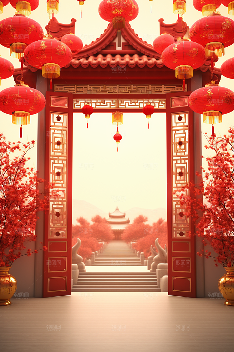 中式传统门楼火热促销背景图