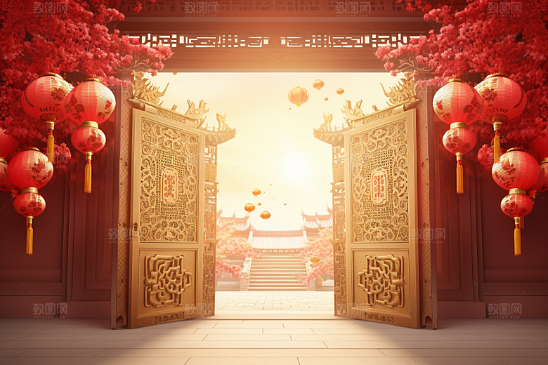 中式传统门楼直播促销背景图