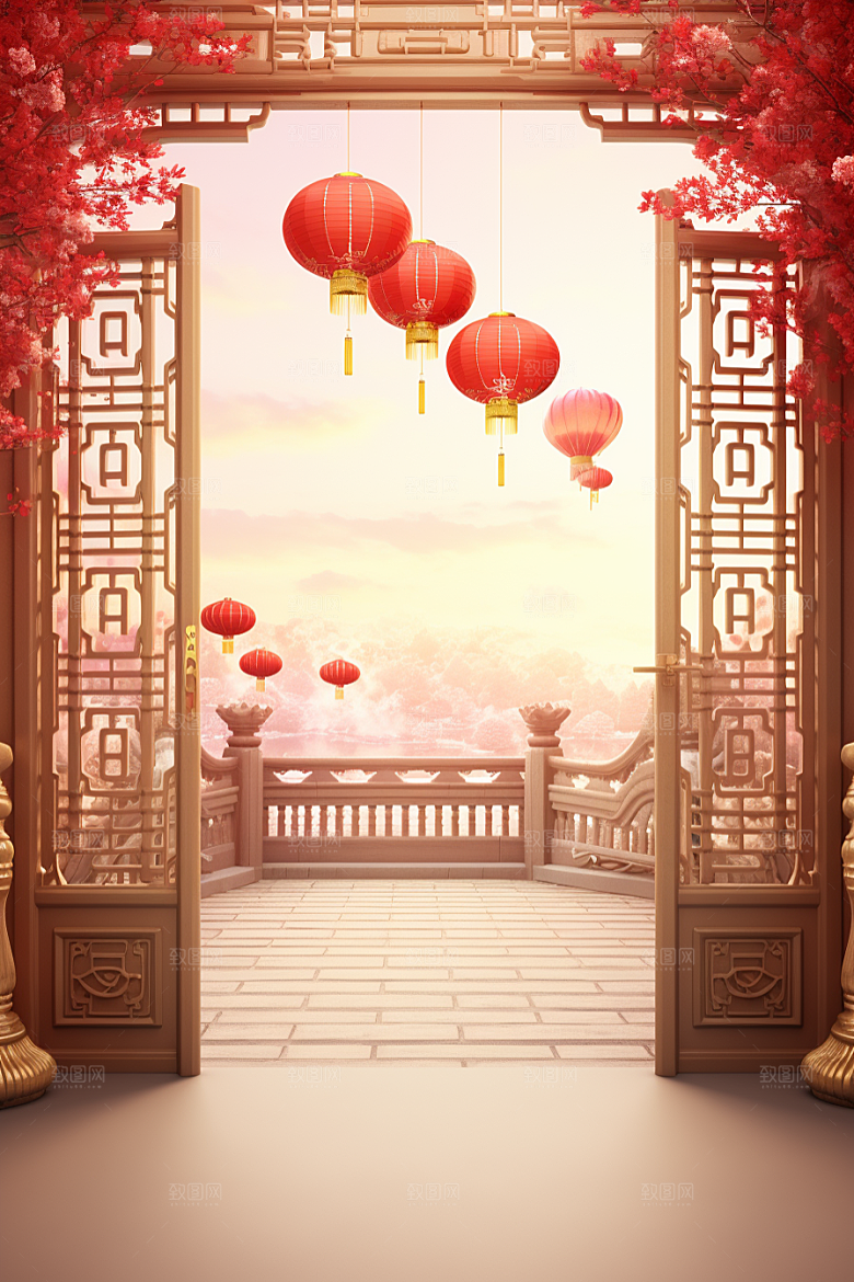 中式传统门楼中国风开门红背景图
