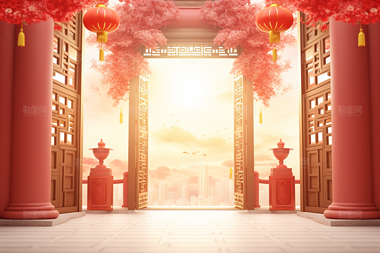 中式传统门楼国潮喜庆背景图