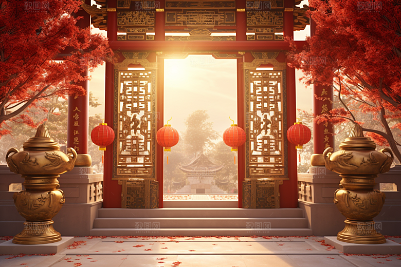 中式传统门楼中国风开门红背景图