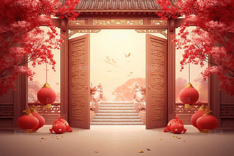 中式传统门楼直播开门红背景图