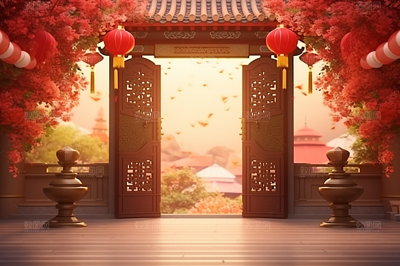 中式传统门楼促销开业背景图