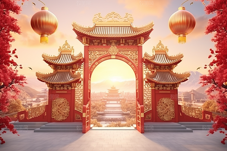 中式传统门楼促销开业背景图