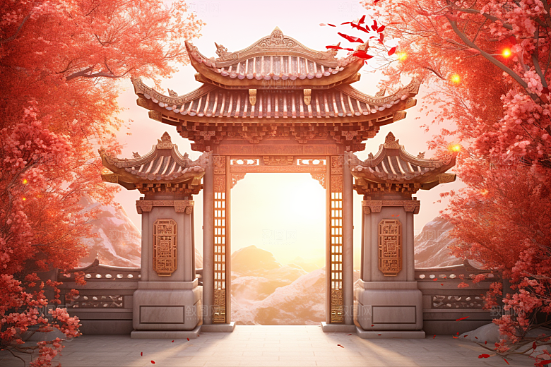 中式传统门楼喜庆中国风背景图