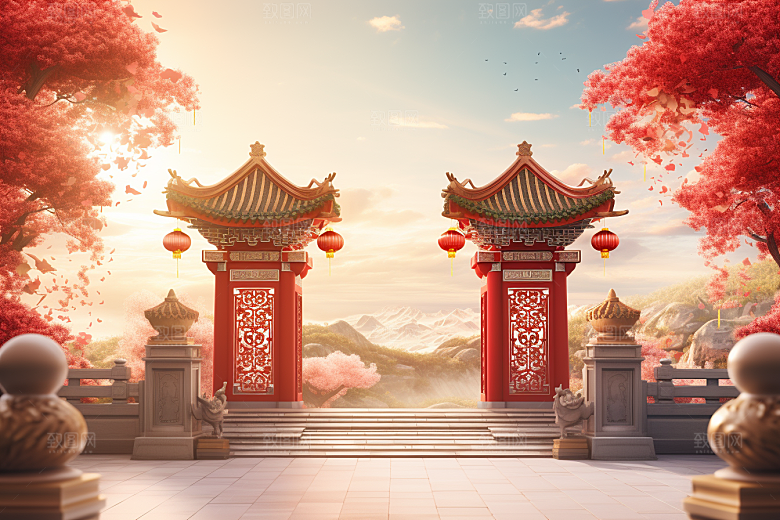 中式传统门楼直播热卖背景图