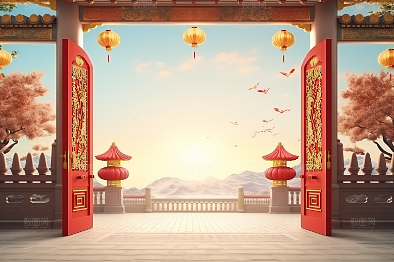 中式传统门楼直播开门红背景图