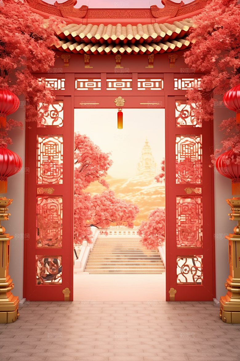 中式传统门楼开业大吉喜庆背景图