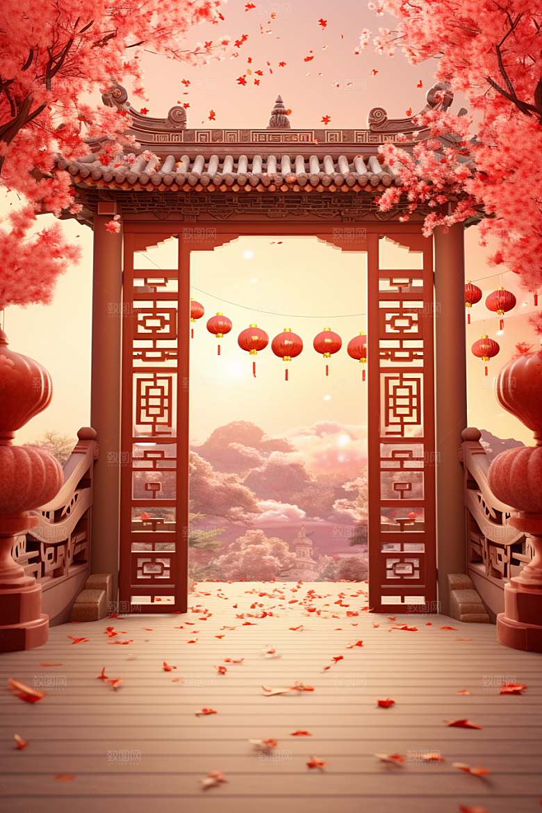 中式传统门楼直播开业背景图