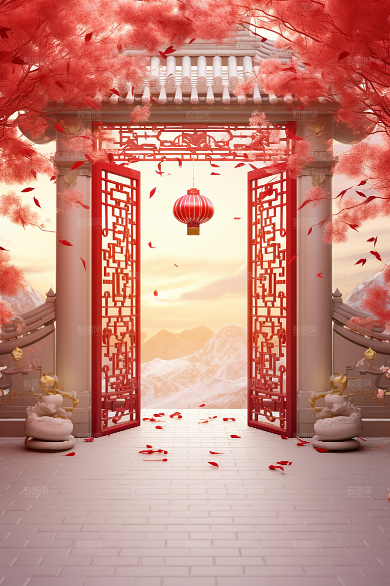 中式传统门楼火热开业背景图