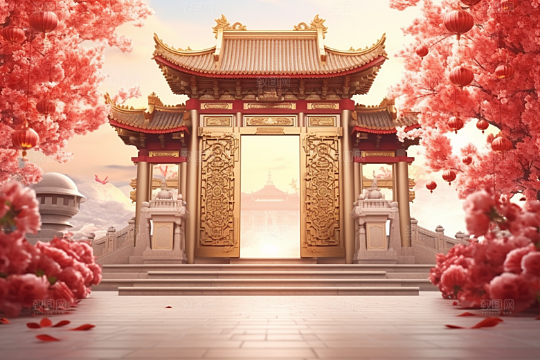 中式传统门楼中国风喜庆背景图