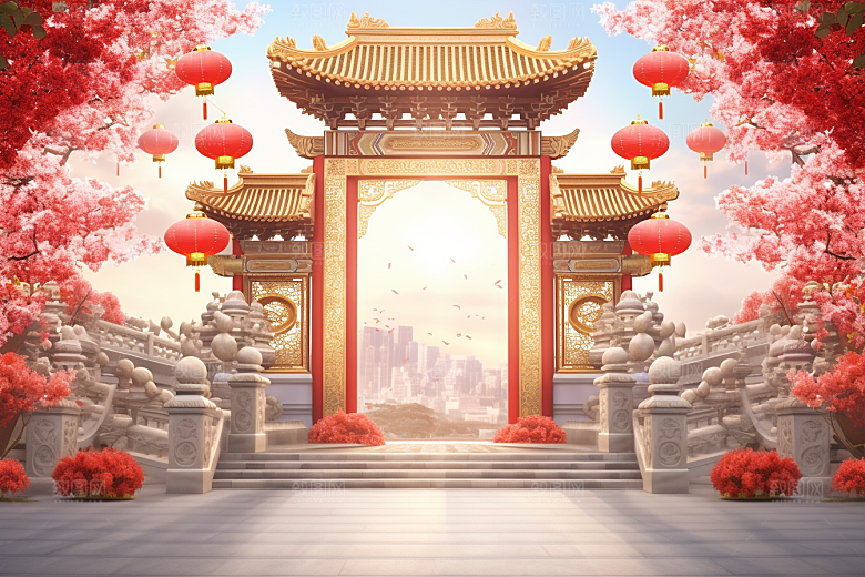 中式传统门楼国潮火热背景图