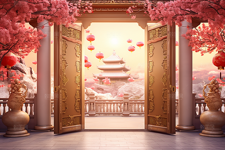中式传统门楼国潮开门红背景图