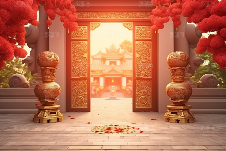 中式传统门楼促销国潮背景图