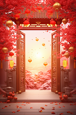 中式传统门楼促销开业大吉背景图