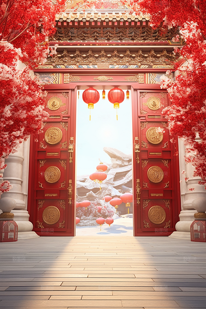 中式传统门楼中国风喜庆背景图