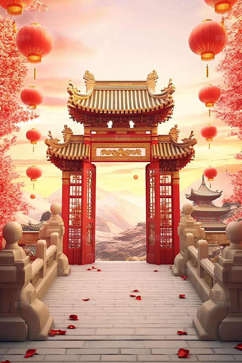 中式传统门楼热卖开业大吉背景图