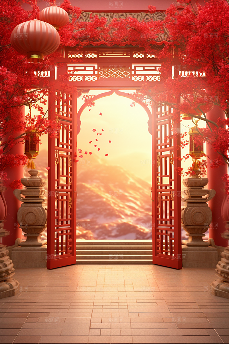 中式传统门楼开门红国潮背景图