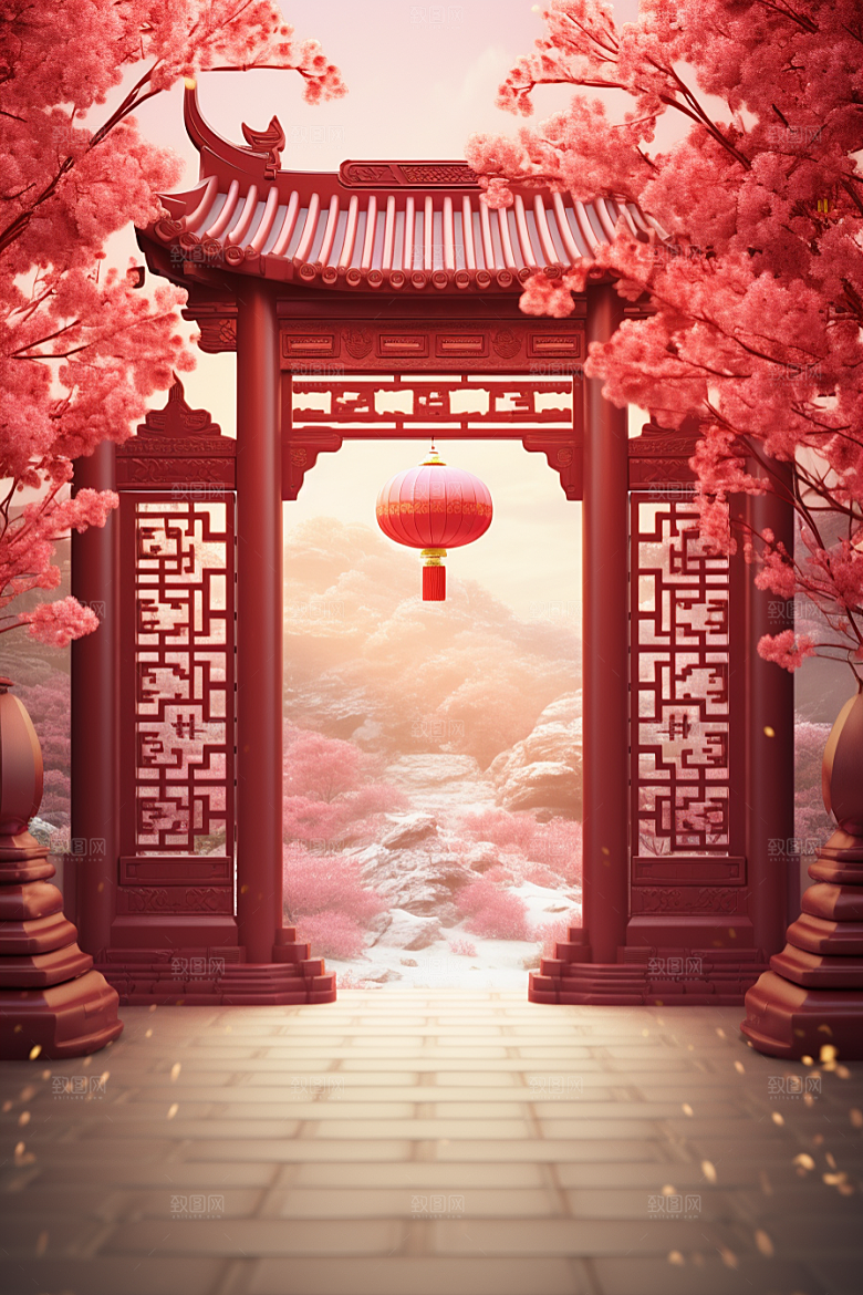中式传统门楼开业大吉热卖背景图