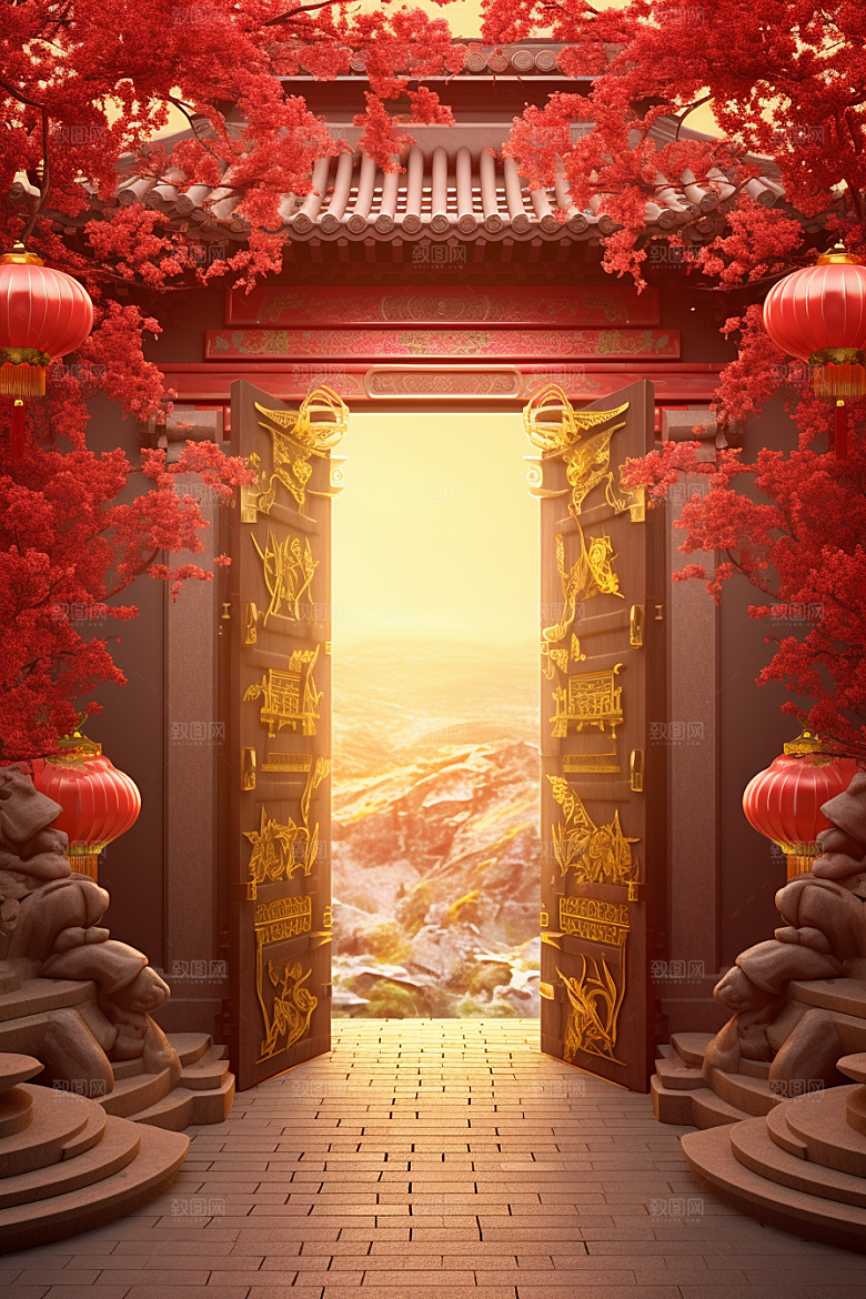 中式传统门楼开业大吉国潮背景图