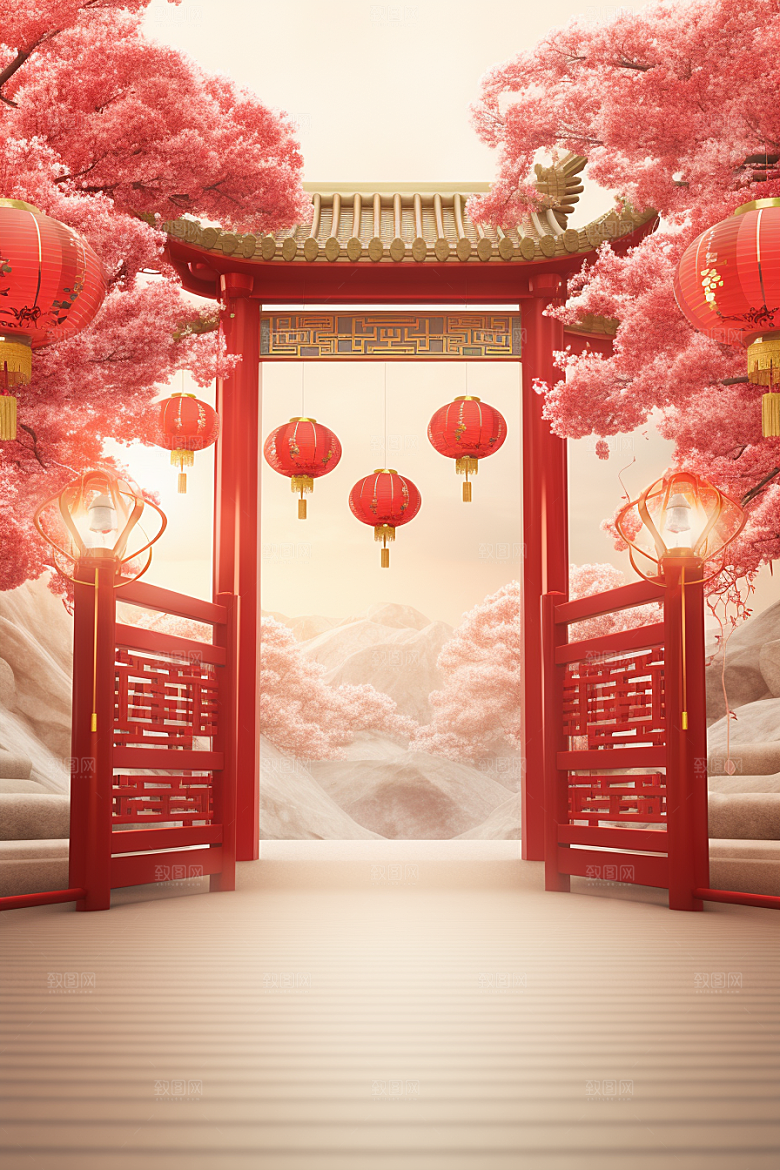 中式传统门楼热卖开业大吉背景图