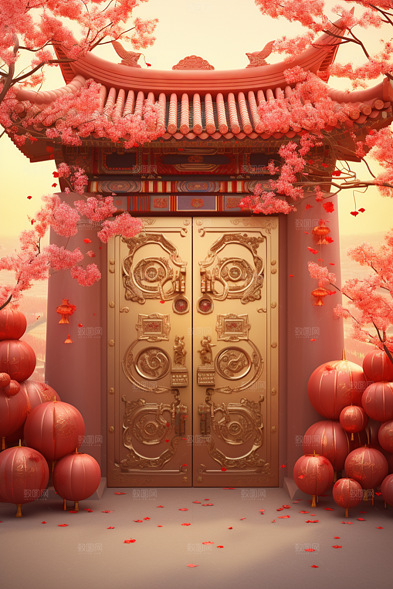 中式传统门楼喜庆火热背景图