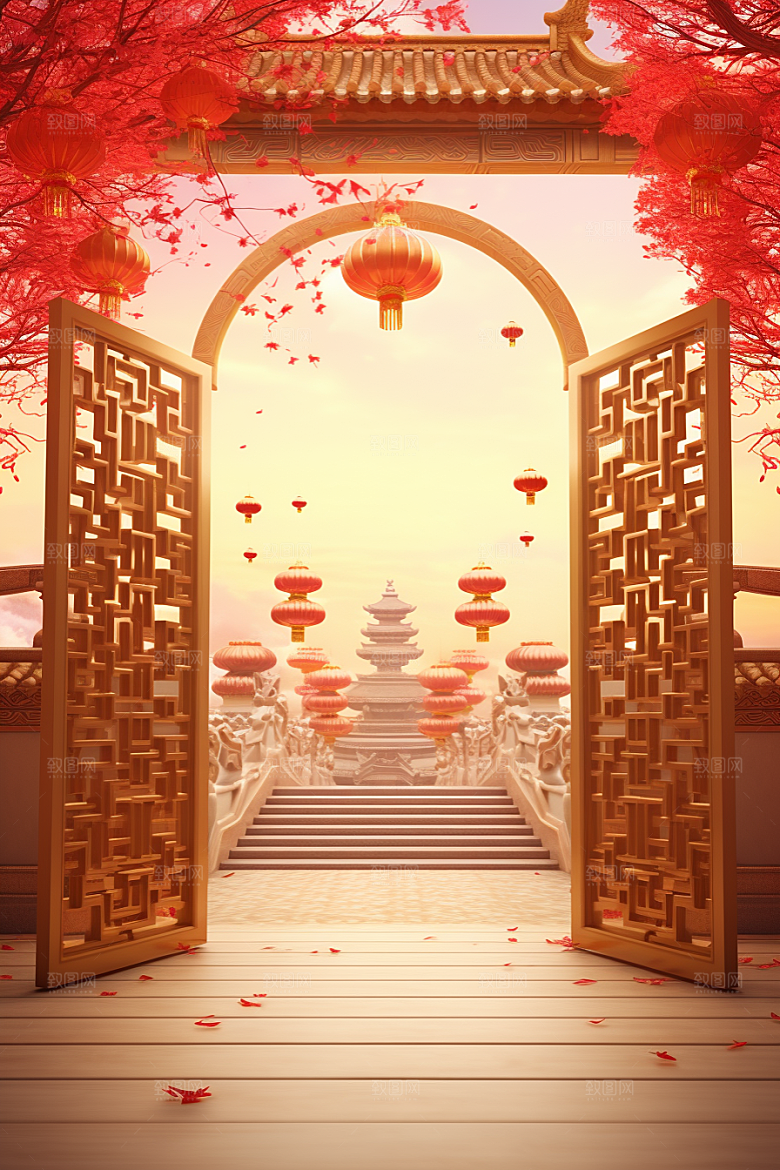 中式传统门楼喜庆火热背景图