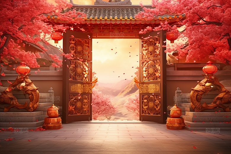 中式传统门楼国潮开业背景图