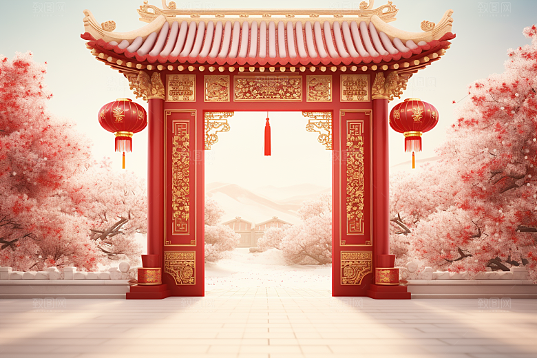 中式传统门楼中国风国潮背景图