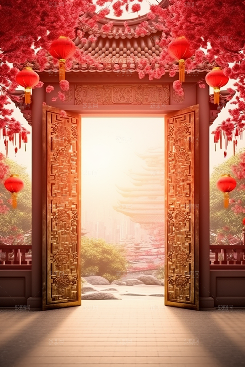 中式传统门楼促销喜庆背景图