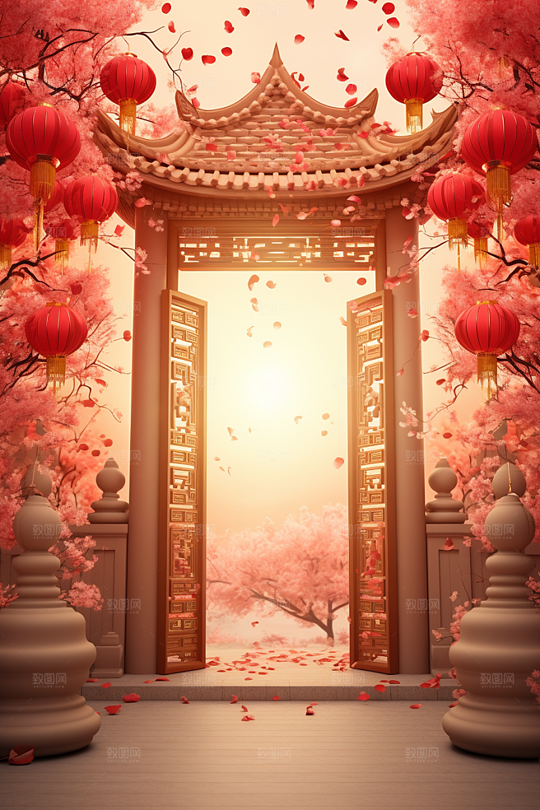 中式传统门楼火热开门红背景图