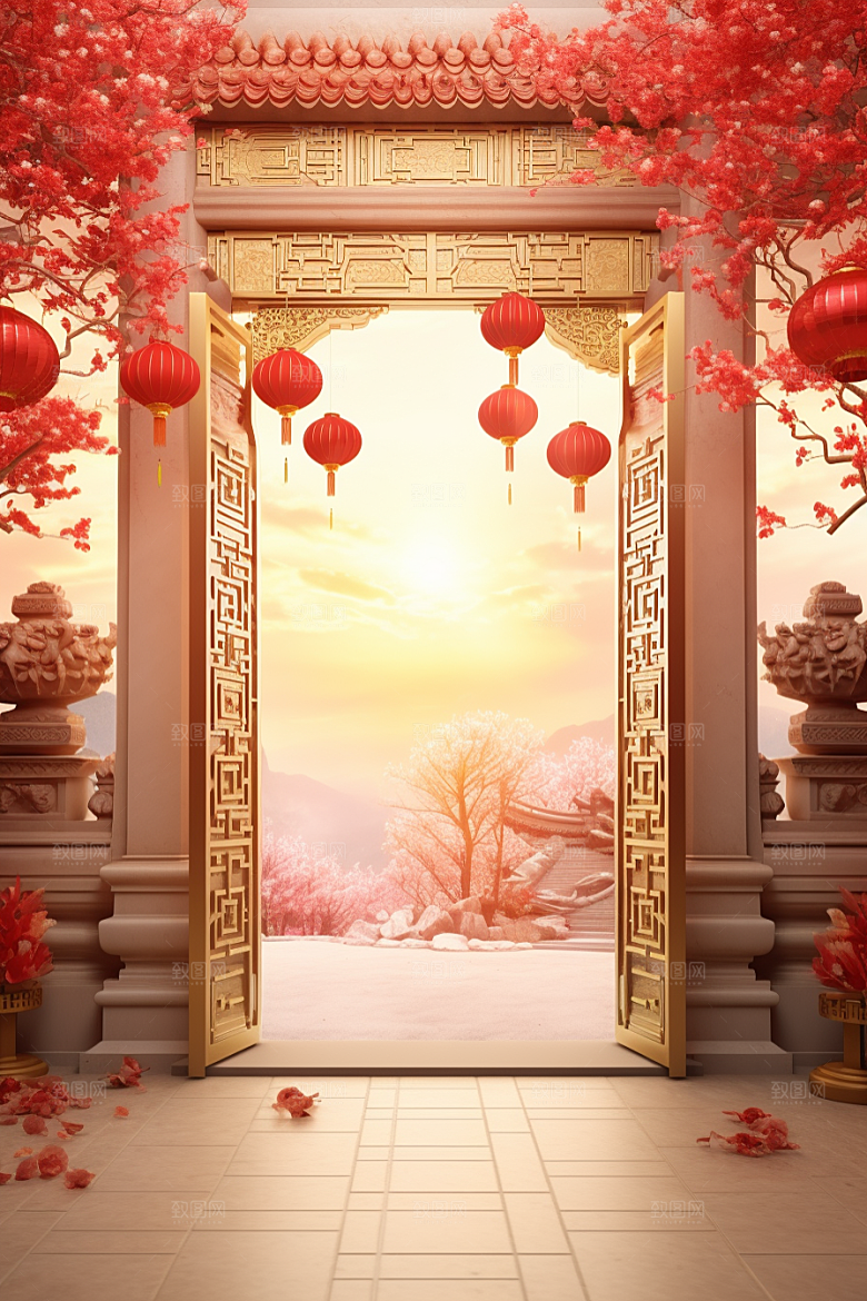 中式传统门楼国潮促销背景图