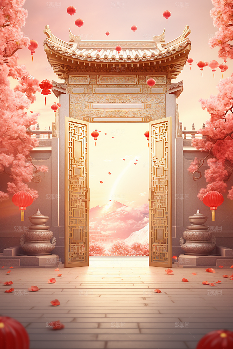 中式传统门楼国潮开业背景图