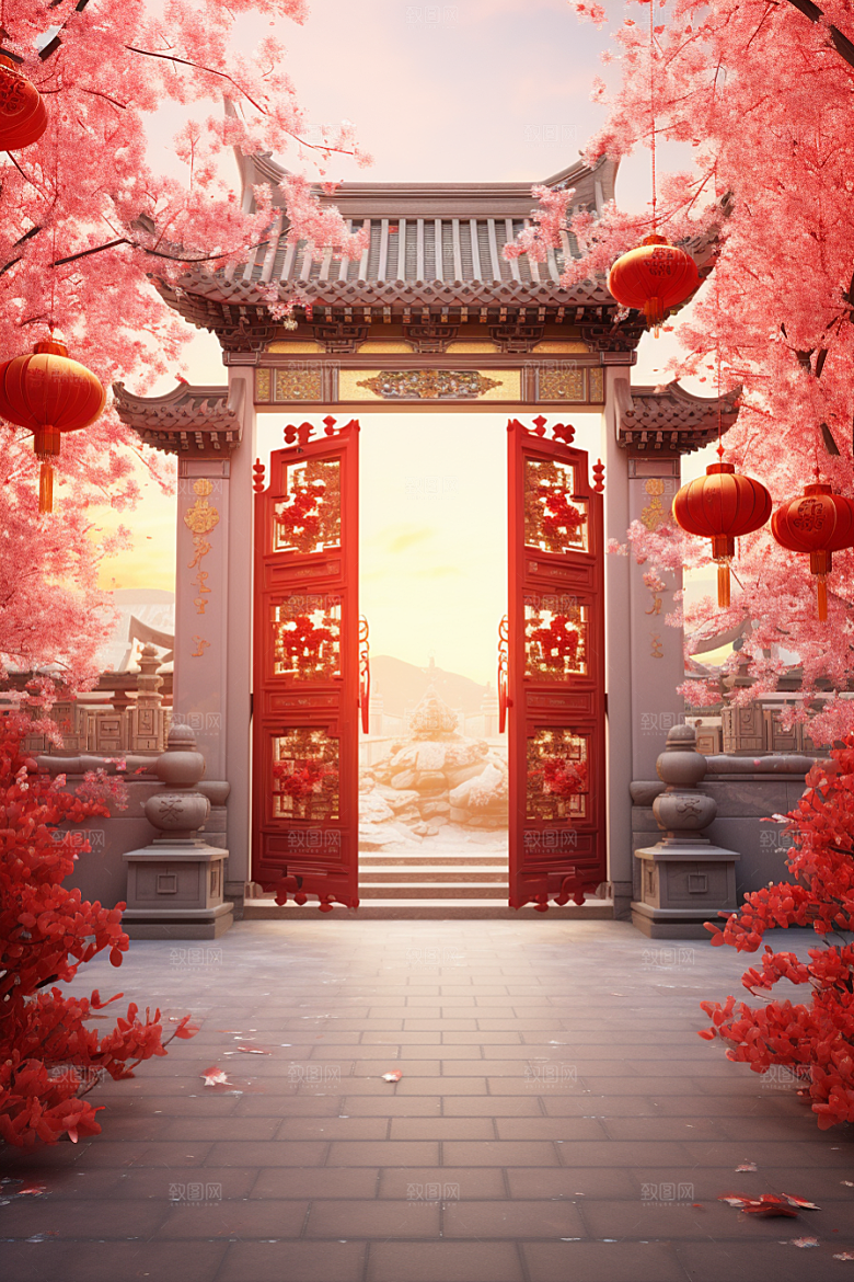 中式传统门楼直播开门红背景图