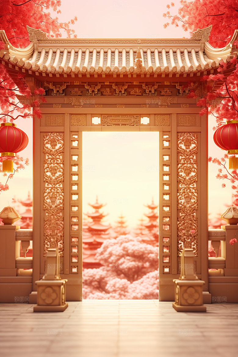 中式传统门楼开业开门红背景图