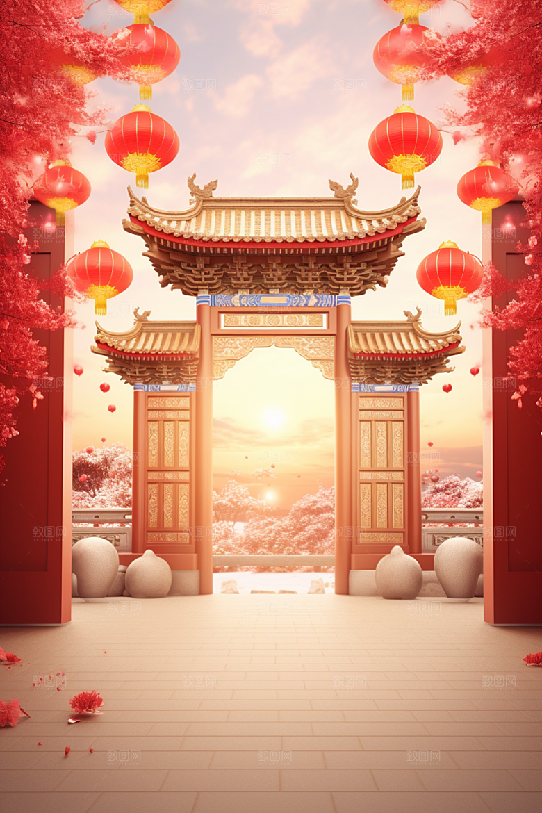 中式传统门楼热卖喜庆背景图