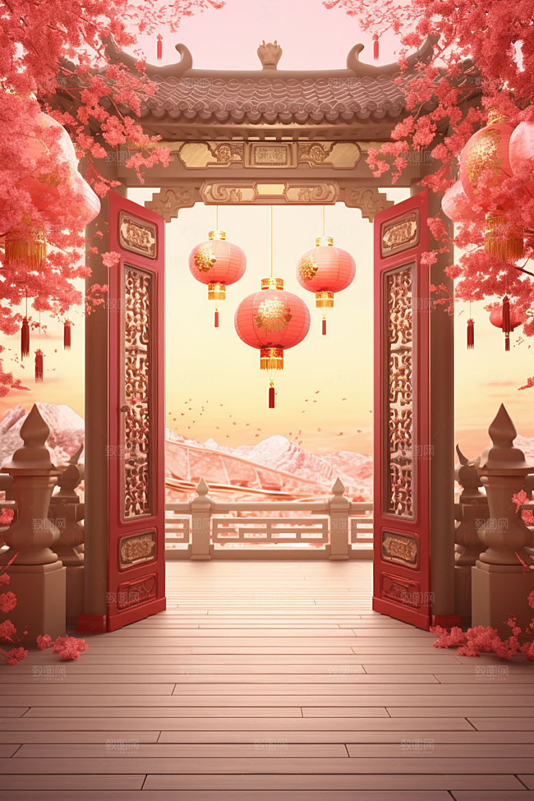 中式传统门楼国潮火热背景图